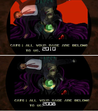 Scene from the video that shows Zoltan falling down a portal, with a sequence from the video game "Zero Wing" in the background, which has some very bright red flashing.
