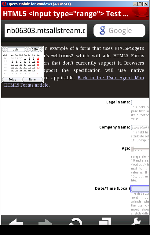 Screenshot of Opera Mobile bug