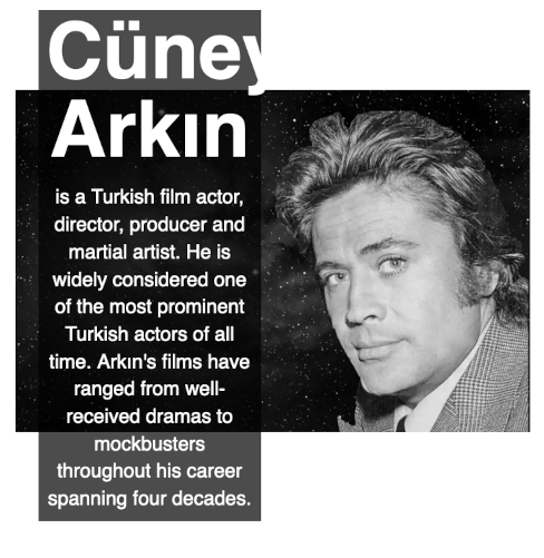 Screenshot of the above hero image with the browser's text-zoom set to 150%.  Note that the text bleeds outside of the hero image, and Cüneyt Arkın's first name is cut off by the text's container element.